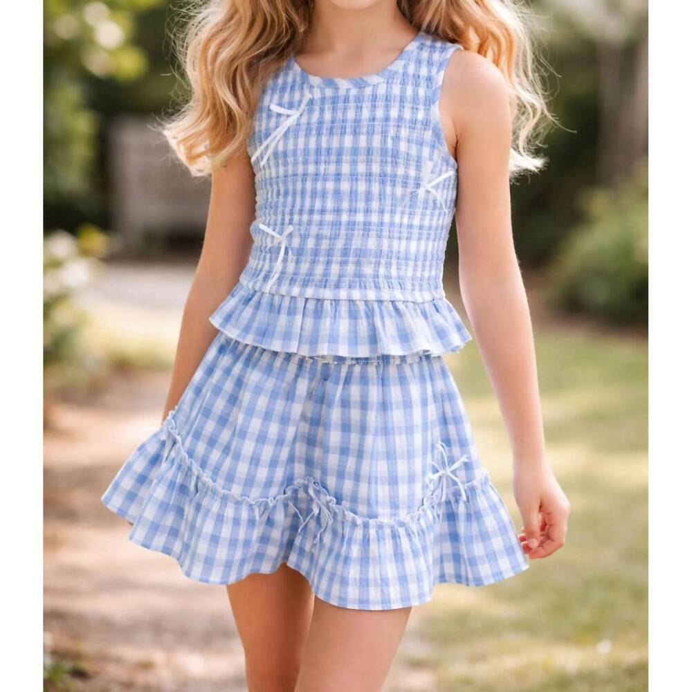 NEW HANNAH BANANA smocked gingham top in blue /white